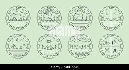 set collection tenda notturna accampata fire logo disegno vettoriale intelligente fantasia line art logo logo logo logo logo logo logo emblema design linea Illustrazione Vettoriale