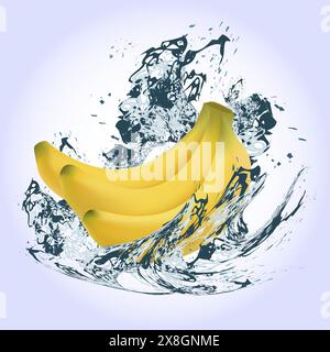 Banane sotto schizzi d'acqua su uno sfondo chiaro. Illustrazione vettoriale. Illustrazione Vettoriale
