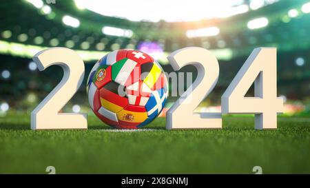 Campionato europeo di calcio o calcio 2024. Pallone da calcio con bandiere dei paesi europei al netto della rete di gol dello stadio di calcio. illustrazione 3d. Foto Stock