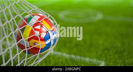 Pallone da calcio con bandiere dei paesi europei al netto della rete di gol dello stadio di calcio. Campionato europeo 2024. illustrazione 3d. Foto Stock