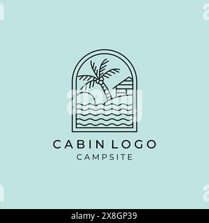 design semplice e minimalista con logo vettoriale. badge cottage sulla spiaggia e campo famiglia palme line art minimalista Illustrazione Vettoriale