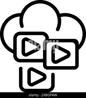 Icona line art di un cloud con pulsanti di riproduzione, che simboleggia lo streaming multimediale online Illustrazione Vettoriale