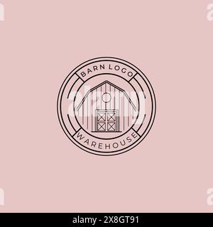 Emblema del logo Line Art Barn Vector, disegno illustrativo del distintivo Vintage del concetto di fattoria Barn Storehouse Illustrazione Vettoriale