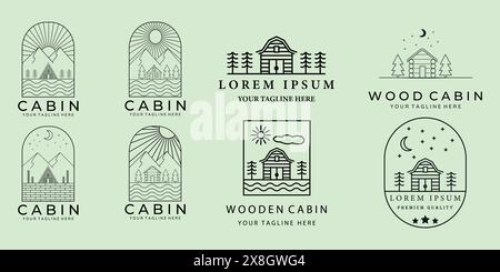 set bundle cabin cottage logo disegno vettoriale, stile line art Illustrazione Vettoriale