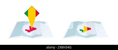 Due versioni di una mappa piegata del Mali, una con una bandiera fissa e una con una bandiera nel contorno della mappa. Modello per la stampa e la progettazione online. Illustrazione Vettoriale