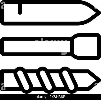 Set di icone vettoriali che illustrano un coltello, uno scalpello e un cacciavite in un semplice contorno bianco e nero Illustrazione Vettoriale
