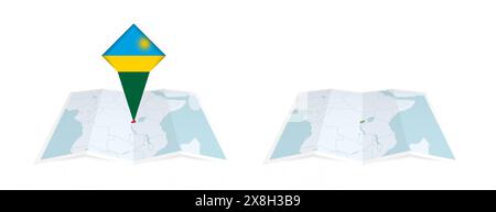 Due versioni di una mappa ripiegata in Ruanda, una con una bandiera fissa e una con una bandiera nel contorno della mappa. Modello per la stampa e la progettazione online Illustrazione Vettoriale