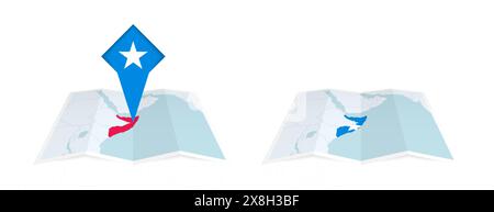 Due versioni di una mappa ripiegata in Somalia, una con una bandiera fissa e una con una bandiera nel contorno della mappa. Modello per la stampa e online desig Illustrazione Vettoriale