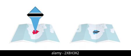 Due versioni di una mappa piegata del Botswana, una con una bandiera fissa e una con una bandiera nel contorno della mappa. Modello sia per la stampa che online desi Illustrazione Vettoriale
