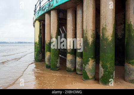 Pilastri di cemento ricoperti di muschio intemprati dalla marea sotto una struttura fronte mare con serene vedute costiere. Foto Stock