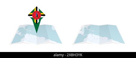 Due versioni di una mappa piegata Dominica, una con una bandiera fissa e una con una bandiera nel contorno della mappa. Modello sia per la stampa che online desi Illustrazione Vettoriale