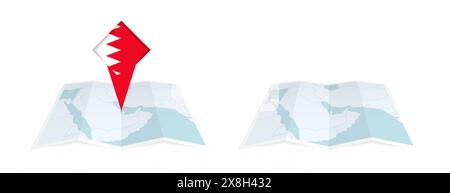 Due versioni di una mappa piegata del Bahrain, una con una bandiera fissa e una con una bandiera nel contorno della mappa. Modello per la stampa e online desig Illustrazione Vettoriale