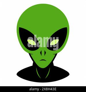 Testa aliena verde con occhi grandi isolati su sfondo bianco. Ritratto di un umanoide in stile cartoni animati. Concetto di design extraterrestre, fantascientifico, Illustrazione Vettoriale