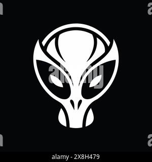 Silhouette bianca della testa aliena isolata su sfondo nero. Umanoide. Concetto di extraterrestre, design fantascientifico, essere spaziale. Grafica. Icona, stampa, pittogramma, logo, elemento di design Illustrazione Vettoriale