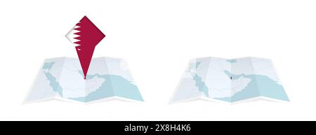 Due versioni di una mappa piegata del Qatar, una con una bandiera fissa e una con una bandiera nel contorno della mappa. Modello per la stampa e la progettazione online. Illustrazione Vettoriale