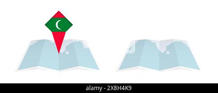 Due versioni di una mappa piegata alle Maldive, una con una bandiera fissa e una con una bandiera nel contorno della mappa. Modello sia per la stampa che online desi Illustrazione Vettoriale