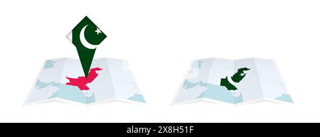 Due versioni di una mappa piegata del Pakistan, una con una bandiera bloccata e una con una bandiera nel contorno della mappa. Modello sia per la stampa che online desi Illustrazione Vettoriale
