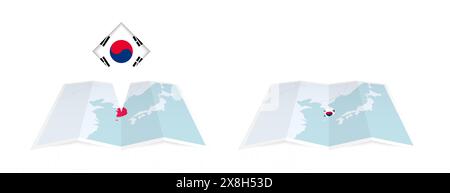 Due versioni di una mappa piegata della Corea del Sud, una con una bandiera fissa e una con una bandiera nel contorno della mappa. Modello per stampa e online d Illustrazione Vettoriale