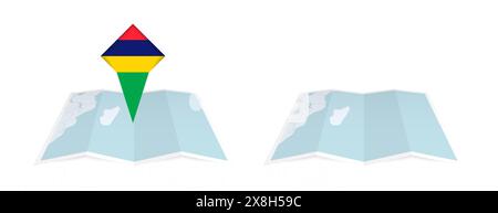 Due versioni di una mappa piegata alle Mauritius, una con una bandiera fissa e una con una bandiera nel contorno della mappa. Modello per stampa e online des Illustrazione Vettoriale