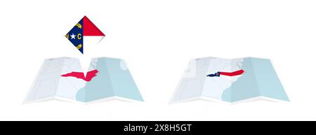 Due versioni di una mappa piegata della Carolina del Nord, una con una bandiera fissa e una con una bandiera nel contorno della mappa. Modello per stampa e onlin Illustrazione Vettoriale
