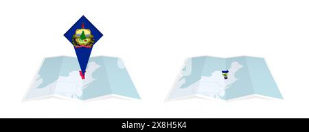 Due versioni di una mappa piegata del Vermont, una con una bandiera fissa e una con una bandiera nel contorno della mappa. Modello per la stampa e online desig Illustrazione Vettoriale