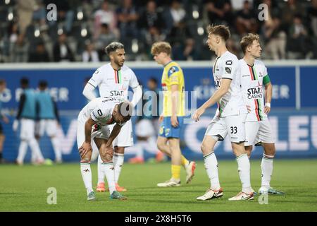 Lovanio, Belgio. 25 maggio 2024. I giocatori dell'OHL sembrano sgretolati durante una partita di calcio tra Oud-Heverlee Leuven e KVC Westerlo, sabato 25 maggio 2024 a Lovanio, il giorno 10 (su 10), l'ultimo giorno dei play-off europei della prima divisione del campionato belga 'Jupiler Pro League' del 2023-2024. BELGA PHOTO BRUNO FAHY credito: Belga News Agency/Alamy Live News Foto Stock