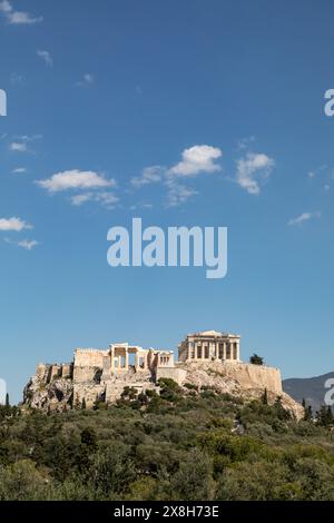 Il Partenone e l'Acropoli fotografati dalla collina Pynx, Atene, Grecia, Europa. Foto Stock