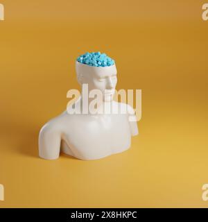 Busto di un uomo con la testa aperta e pieno di cubi su sfondo giallo. illustrazione 3d. Foto Stock