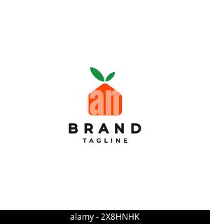 Icona della casa a forma di arancio. Design con logo a forma di frutta arancione. Illustrazione Vettoriale