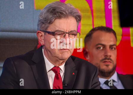 Marsiglia, Francia. 23 maggio 2024. Jean-Luc Melenchon, ex deputato francese per il partito LFI, visto durante l'incontro a Marsiglia per le elezioni europee del 2024. Pochi giorni prima delle elezioni europee del 9 giugno, Jean-Luc Mélenchon ha partecipato alla riunione di France Insoumise nei distretti settentrionali di Marsiglia davanti a circa 1000 persone. (Immagine di credito: © Denis Thaust/SOPA Images via ZUMA Press Wire) SOLO PER USO EDITORIALE! Non per USO commerciale! Foto Stock