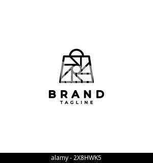 Icona della shopping bag con un motivo dell'otturatore della fotocamera. Icona della fotocamera dell'otturatore nel design del logo della shopping bag. Illustrazione Vettoriale