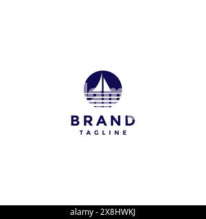 Icona della barca a vela all'interno del cerchio con linee riflesse sull'acqua di mare. Illustrazione minimalista del logo di Una barca a vela. Illustrazione Vettoriale