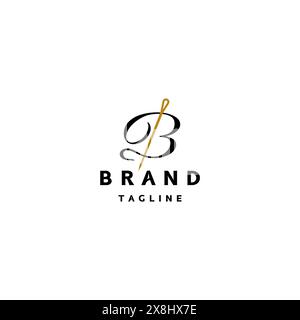 Logo boutique di abbigliamento o negozio di tessuti con icona ad ago oro e scritta lettera B. lettera B e logo Classic Needle Logo Design. Illustrazione Vettoriale