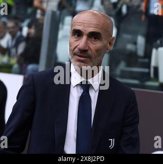 Torino, Italia. 25 maggio 2024. L'allenatore della Juventus Paolo Montero reagisce prima di una partita di serie A tra Juventus e Monza a Torino, in Italia, 25 maggio 2024. Crediti: Federico Tardito/Xinhua/Alamy Live News Foto Stock