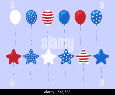 Set di vettori per palloncini USA. Illustrazione piatta di elementi decorativi per il giorno dell'indipendenza o altre festività americane nei colori della bandiera degli Stati Uniti Illustrazione Vettoriale