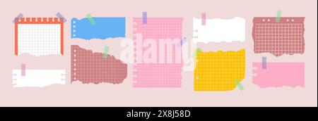 Set di vari fogli per notebook strappati. Note di carta strappate colorate, adesivi, fogli adesivi e nastro adesivo. Illustrazione vettoriale in stile piatto. Elementi alla moda Illustrazione Vettoriale
