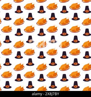 tacchino del Ringraziamento su un piatto e cappello da pellegrino senza cuciture motivo in eleganti tonalità autunnali isolano EPS Vector Textile, stampa, biglietti, poster, striscioni, brochure, etichetta di prezzo, etichetta o concetto di progettazione web Illustrazione Vettoriale