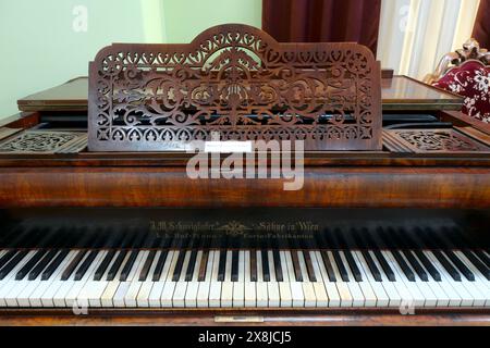 Particolare di 'Schweighofers & Söhne in Wien' 'k. k. Hof - piano forte - Fabrikanten' nel Museo della Vojvodina, Novi Sad, Serbia Foto Stock