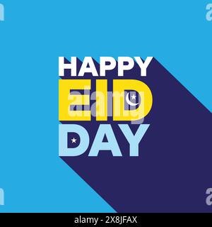 Modello tipografico moderno Happy Eid Day su sfondo blu con una lunga ombra. Banner, poster, biglietto di auguri con luna e stelle EID al Adha Illustrazione Vettoriale