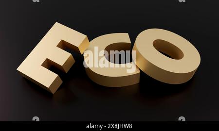 Alfabeto 3d, forma delle lettere in oro su sfondo nero, rendering 3d, firma ECO Funny Design Concept Foto Stock