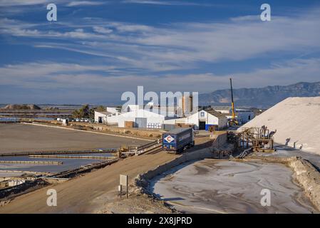 Vista esterna delle saline di Trinitat, a Punta de la Banya, nel Delta dell'Ebro (Tarragona, Catalogna, Spagna) Foto Stock