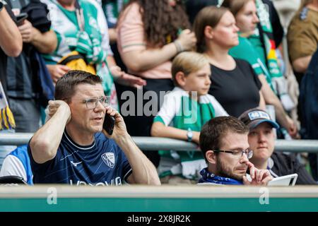 Brema, Germania. 18 maggio 2024. firo : 18.05.2024, calcio, calcio, 1. Campionato, 1. Bundesliga, stagione 2023/2024, SV Werder Brema - VfL Bochum i fan di VfL Bochum ricevono aggiornamenti da Berlino via cellulare, fan curve, fan block, insoddisfatti, delusi, degettato, frustrato, credito: dpa/Alamy Live News Foto Stock