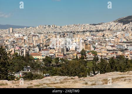 Vista di Atene dalla collina Pynx, Atene, Grecia, Europa. Foto Stock