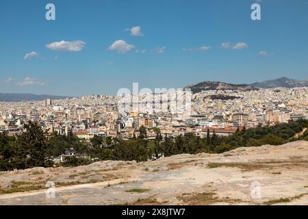 Vista di Atene dalla collina Pynx, Atene, Grecia, Europa. Foto Stock