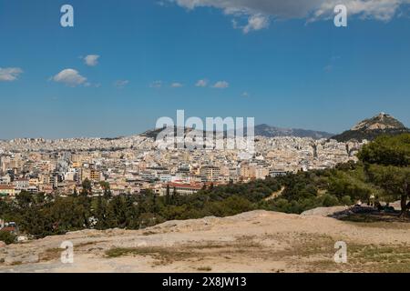 Vista di Atene dalla collina Pynx, Atene, Grecia, Europa. Foto Stock