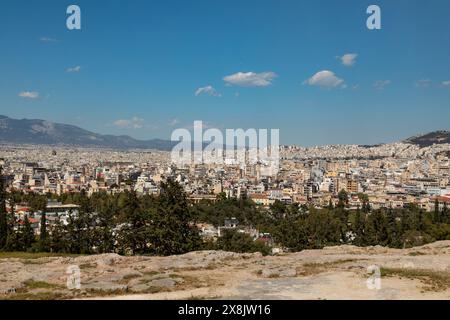 Vista di Atene dalla collina Pynx, Atene, Grecia, Europa. Foto Stock