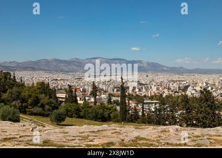 Vista di Atene dalla collina Pynx, Atene, Grecia, Europa. Foto Stock