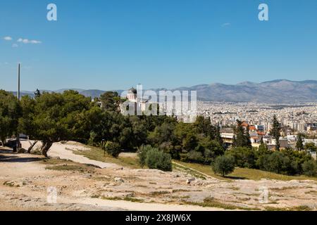 Vista di Atene dalla collina Pynx, Atene, Grecia, Europa. Foto Stock