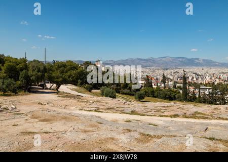 Vista di Atene dalla collina Pynx, Atene, Grecia, Europa. Foto Stock