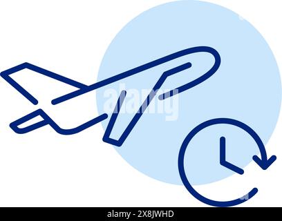 Aereo in decollo e orologio. Orario dei voli, orario di partenza. Viaggi veloci per l'aviazione. Icona del vettore pixel Perfect Illustrazione Vettoriale